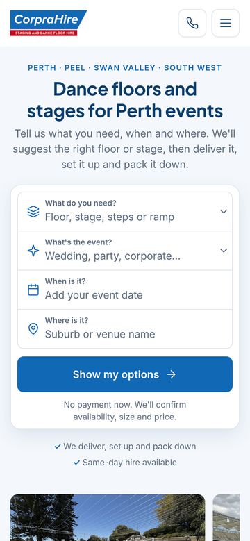 CorpraHire home page on a phone